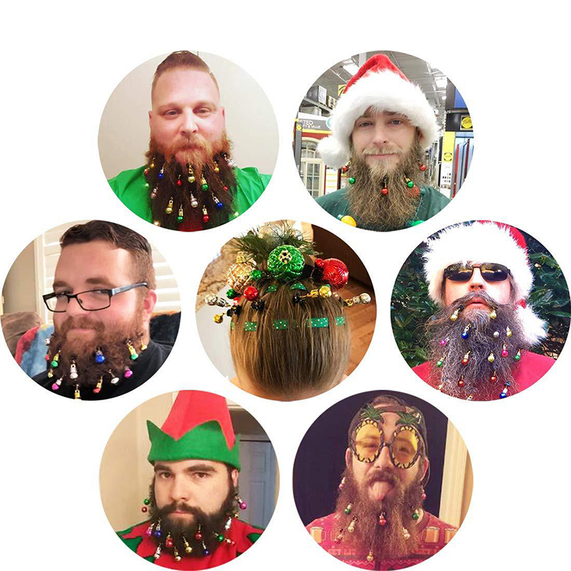 12pcs Christmas Beard Hanging Bells Xmas Ball Santa Claus Cosplay Kid Adult Costume Facial Hair Baubles Clips Hanging Ornaments