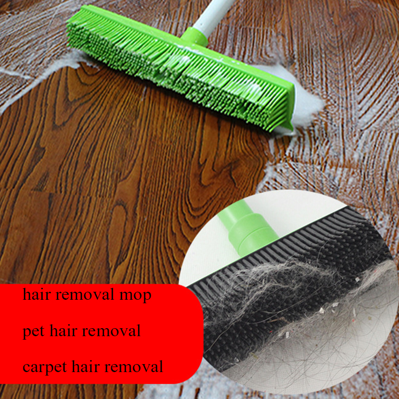 Long Push Rubber Broom Bristles Sweeper Squeegee Scratch Free Bristle Broom for Pet Cat Dog Hair Carpet Hardwood Windows Clean