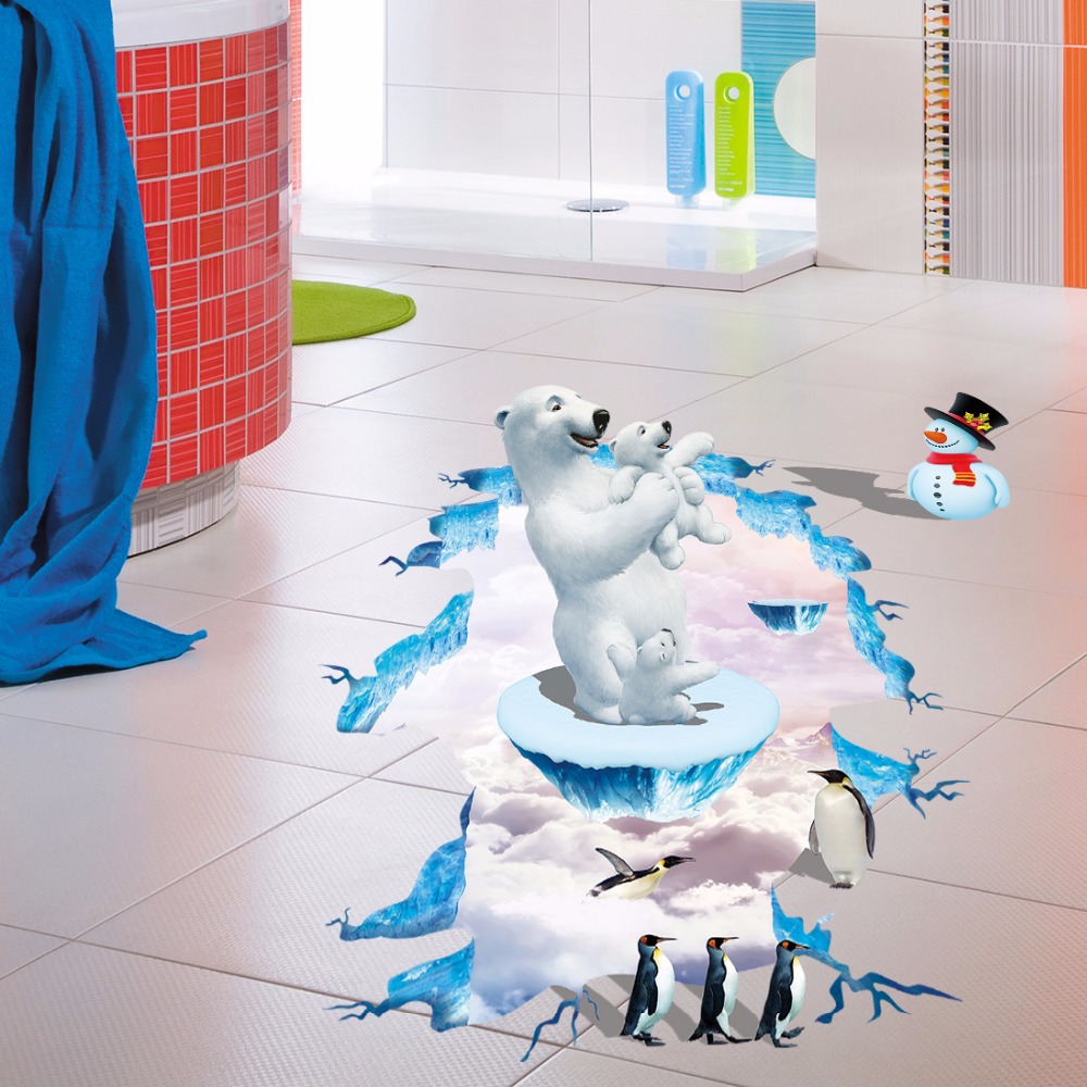 Creative 3D Polar bear penguin Floor stickers for kids rooms decals home decor landscape False windows Wall sticker decoration