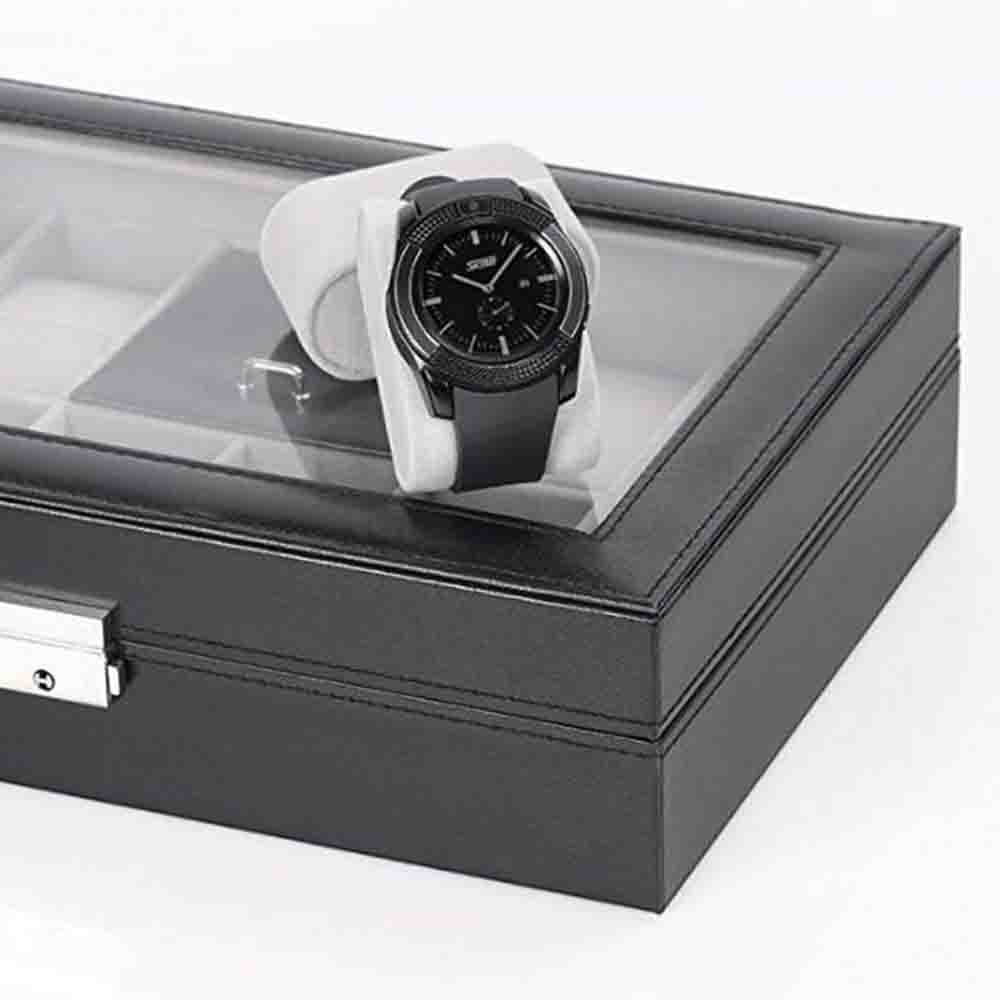 Watch Box Case Men PU Leather Display Storage Holder 8 Watches Cufflinks & 8 Slots Rings Organizer Tray With Glass Top-Black