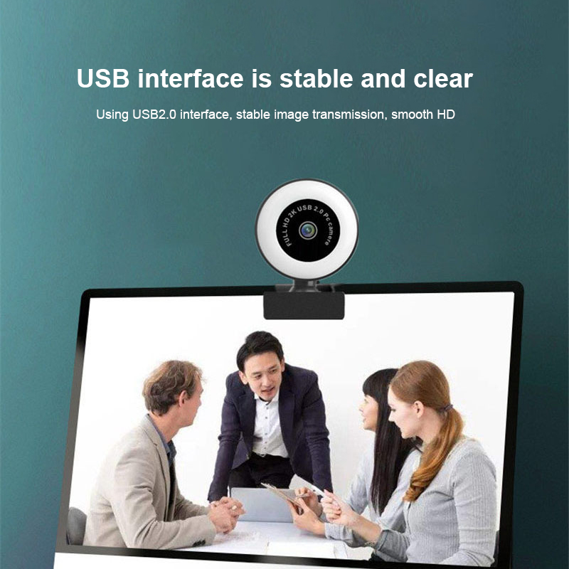 2K HD Webcam Auto Focus USB Web Camera Rotatable Web Cam With Dual Microphones & Ring Fill Light For PC Laptop Computer