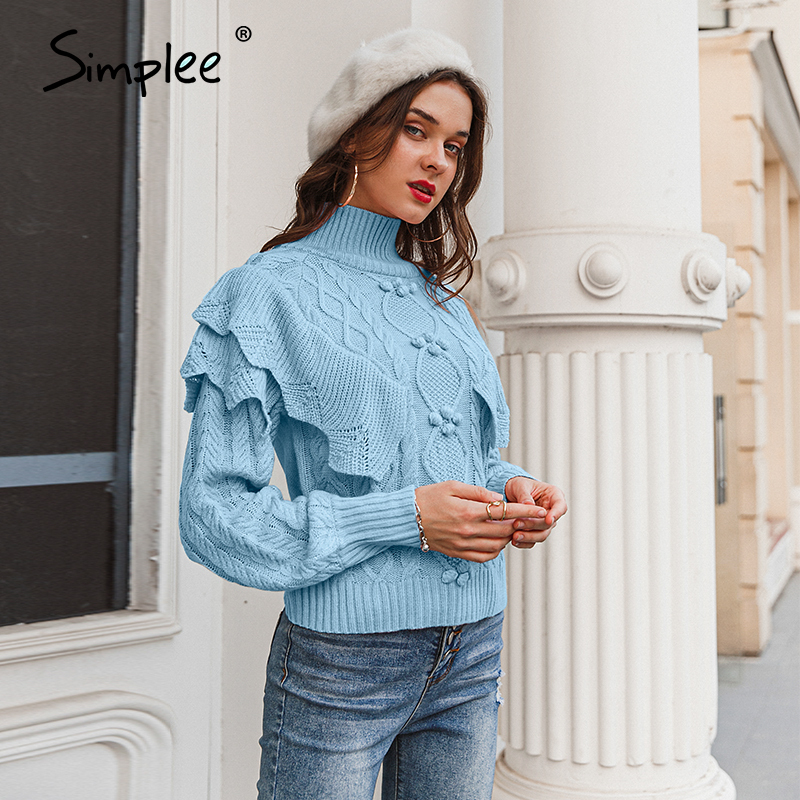 Simplee Casual turtleneck women sweater Autumn winter long sleeve knitted sweater Ruffle geometrical ladies pullover jumper