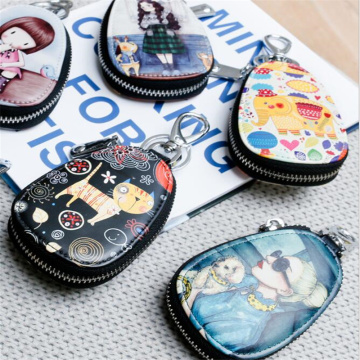 Cute Painted Key Bag For Women Leather Key Wallets Key Case For Car Key Chains Cover Zipper Leather Keychain Pouch