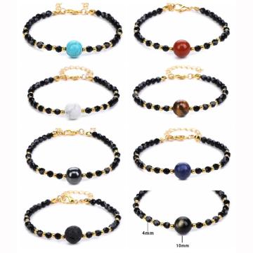 4MM Faceted Crystal Beads Bracelets with 10MM Stone Middle Chakras Healing Yoga Meditation Relax Anxiety Bangle for Womens Mens