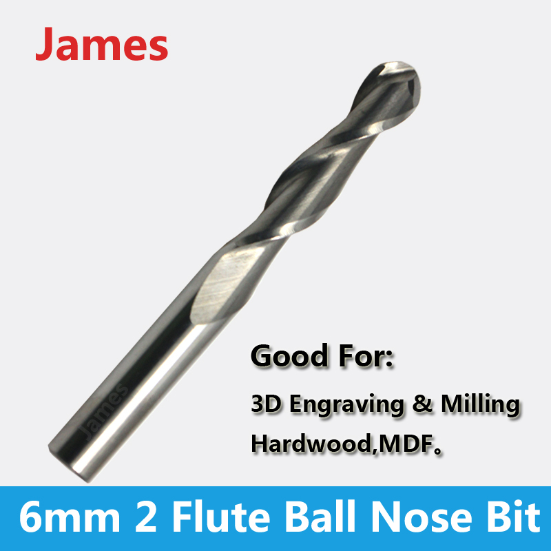 1pc 6 mm SHK BALLNOSE CNC Router End Mills round bottomed end Milling Cutter ball nose Two Fluts Spiral Bits