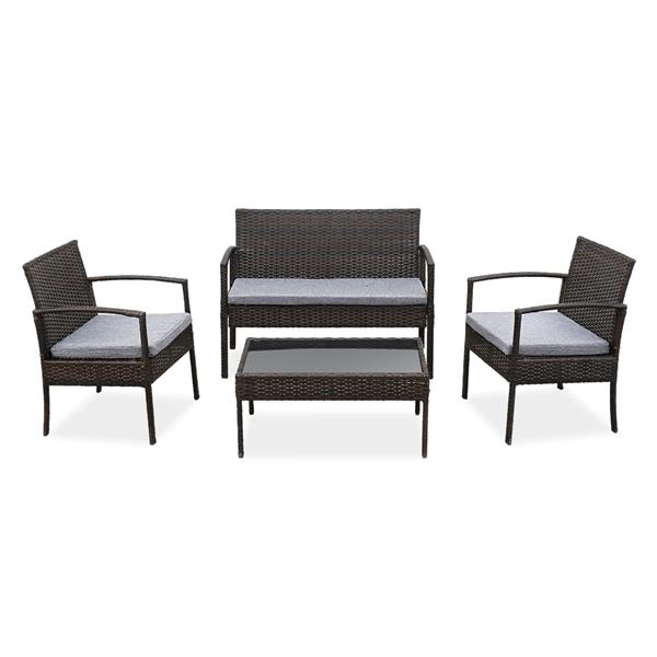 4 PCS Outdoor Patio Rattan Wicker Furniture Set Including 1 Long Rattan Bench, 2 Rattan Chair and 1 Coffee Table