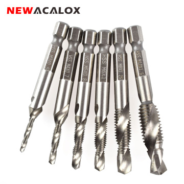 NEWACALOX 1/4'' Hex HSS High Speed Steel Thread Spiral Screw M3 M4 M5 M6 M8 M10 Metric Composite Tap Drill Bit Tap 6pcs/set