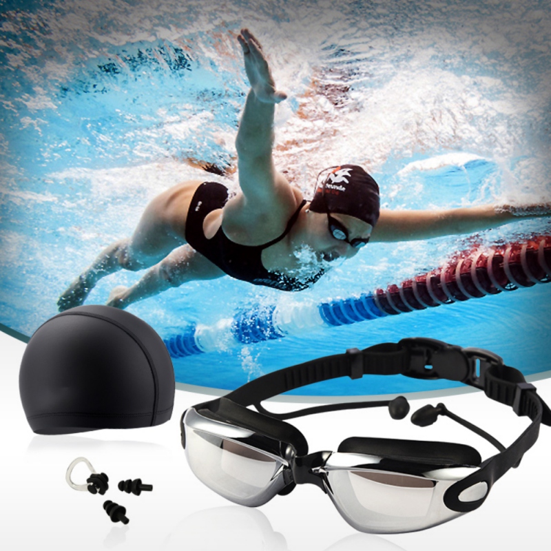 Swimming Goggles Kit High Definition Waterproof Anti-fog Glasses Large Frame Lens Eyewear With Swim Hat Ear Plug Nose Clip