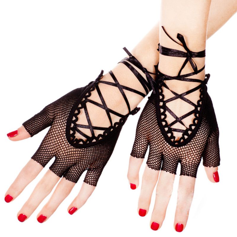 Womens Womens Wrist Length Punk Sexy Half Finger Gloves Solid Color Hollow Out Fishnet Criss Cross Lace Up Bandage Mittens Party