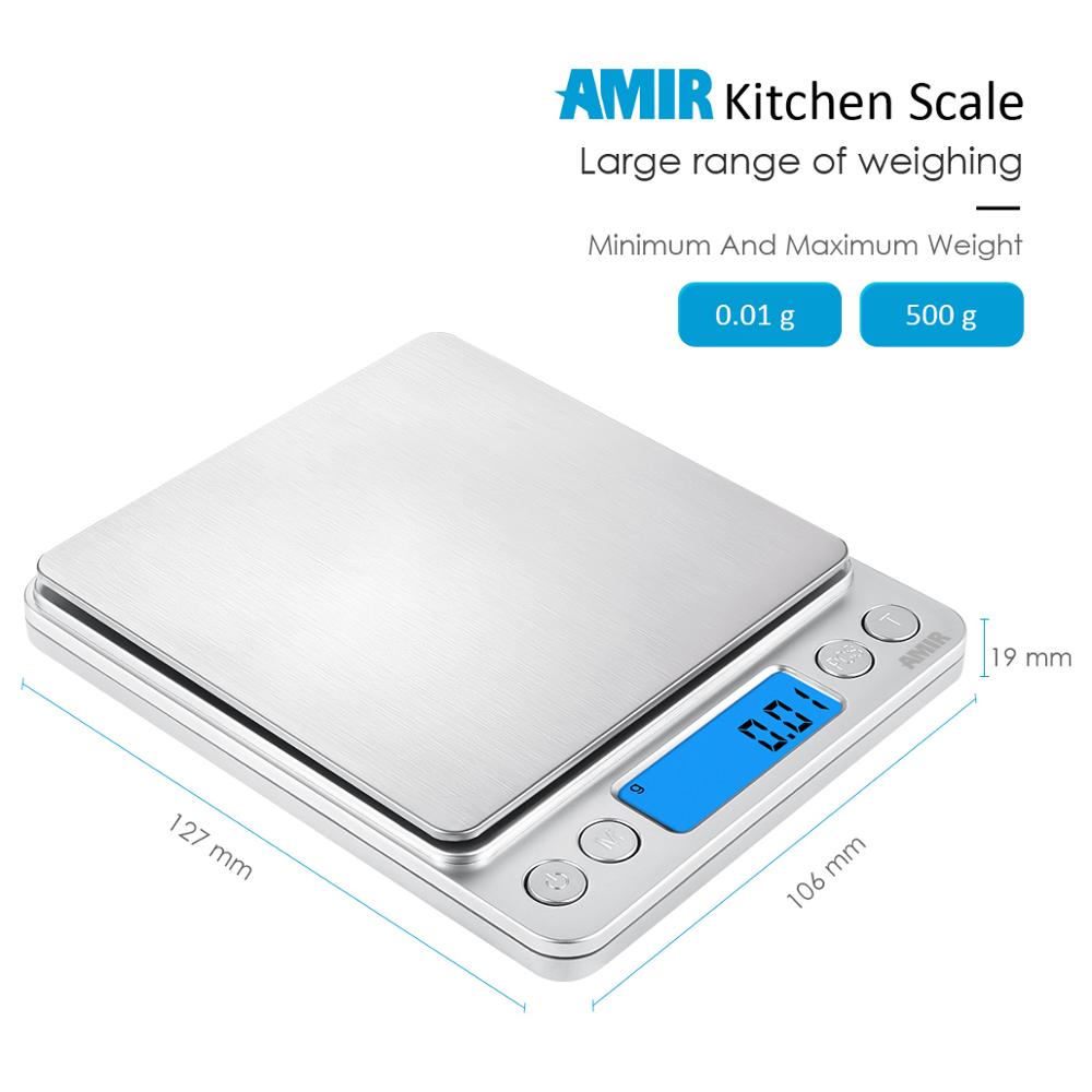 AMIR Digital Kitchen Scale Mini Pocket Stainless Steel Food Baking Scale 500g/0.01g LCD Display Electronic Kitchen Scales