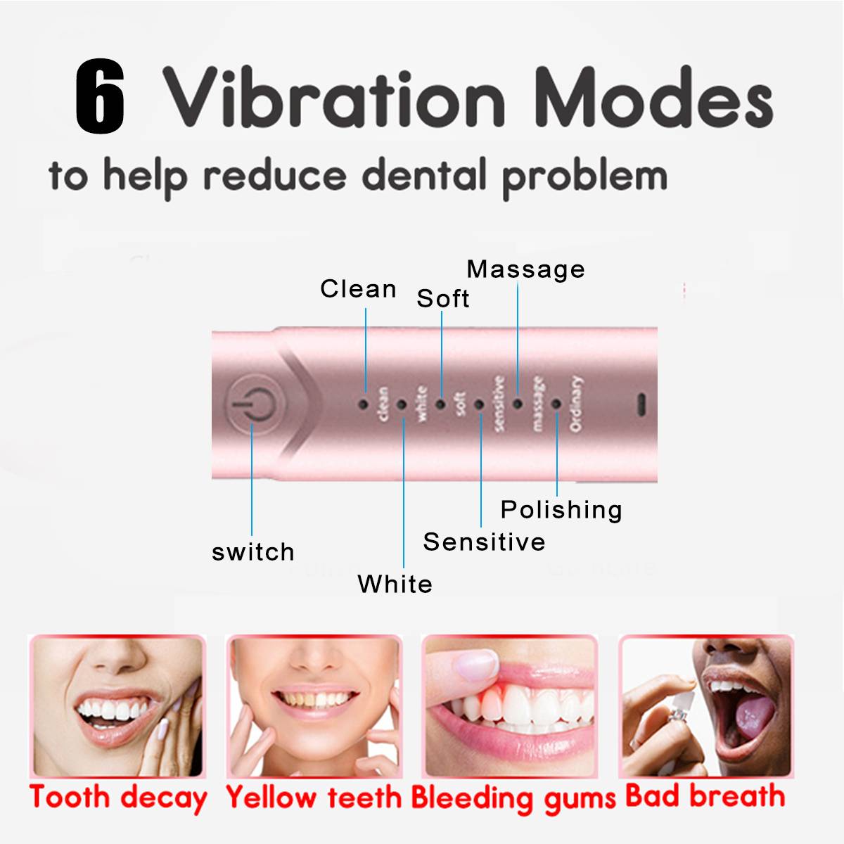 IPX7 Waterproof Sonics Electric Toothbrush Adult Timer Brush 6 Mode USB Charger Rechargeable Tooth Brushes Replacement Heads Set