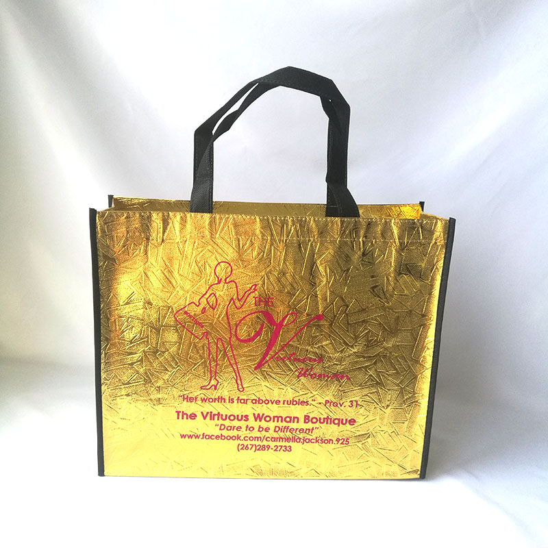 Wholesales 500pcs/lot 32Hx40x12cm Premium Recycled Shiny Gold Metallic Laminated PP Non Woven Shopping Tote Bag for Trade Show