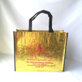 Wholesales 500pcs/lot 32Hx40x12cm Premium Recycled Shiny Gold Metallic Laminated PP Non Woven Shopping Tote Bag for Trade Show