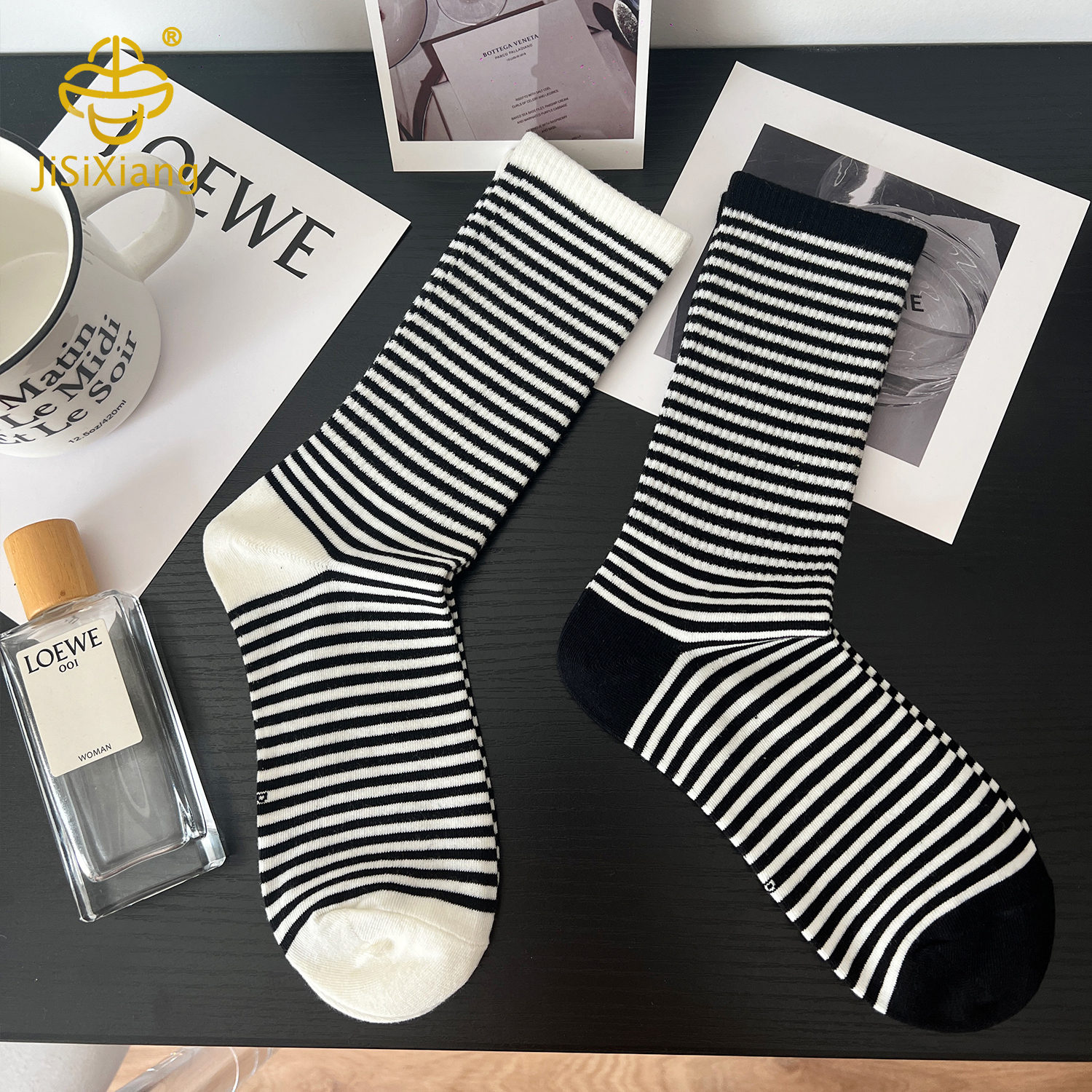 Korean black and white striped mid length sports socks