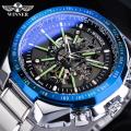 Winner Blue Light Glass Automatic Watch Black Silver Stainless Steel Waterproof Luminous Hand Mechanical Watch Skeleton Clock
