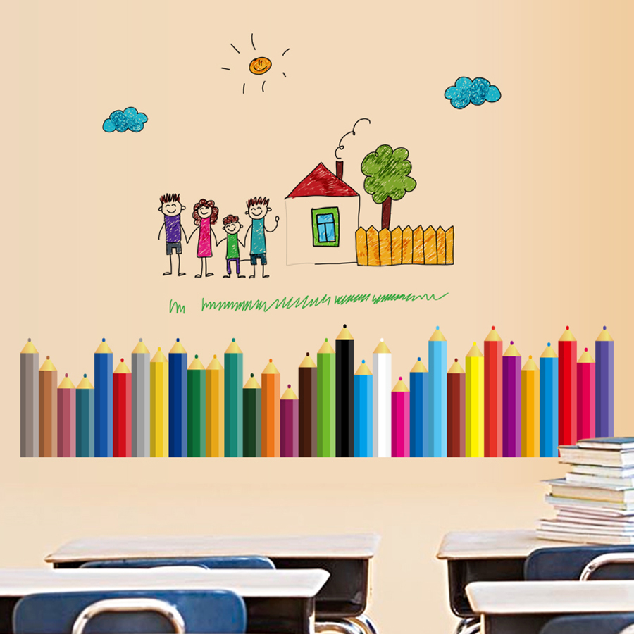 Back to School Wall Stickers for Kids Room Nursery Corner Decoration Colorful Pencil Palm Removable House Decor Vinyl Mural