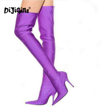 Drop ship NEW Spring/Autumn Sexy Thigh High Boot Satin Stretch Elastic Over The Knee Sky Slim High Heels Long Booties Shoes