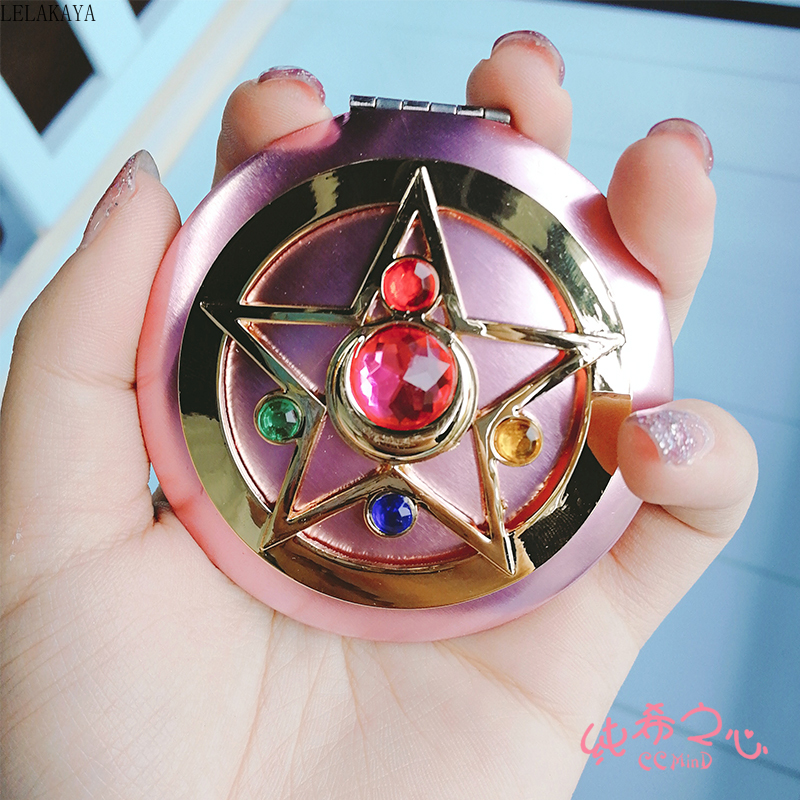 Anime Sailor Moon Moonlight Action Figure Folded Mirror Pink Metal Crystal Star Cosmetic Makeup Mirrors Cosplay Gifts toy New