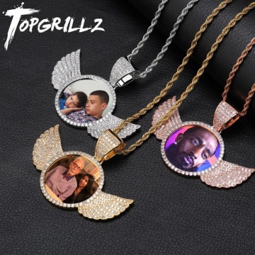 TOPGRILLZ Gold Custom Made Photo With wings Medallions Necklace & Pendant 4mm Tennis Chain Cubic Zircon Men's Hip hop Jewelry