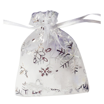 100 PCS Organza Wedding Gift Bags Drawstring Jewelry Pouch Bags Silver White Snowflakes Printed Sheer Party Favor Bags