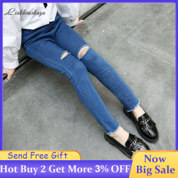 Spring Baby Girls Jeans Fashion Elastic Waist Pants Girl Stretchy Skinny Jeans Kids High Quality Leisure Hole Pencil Pants 4-13Y