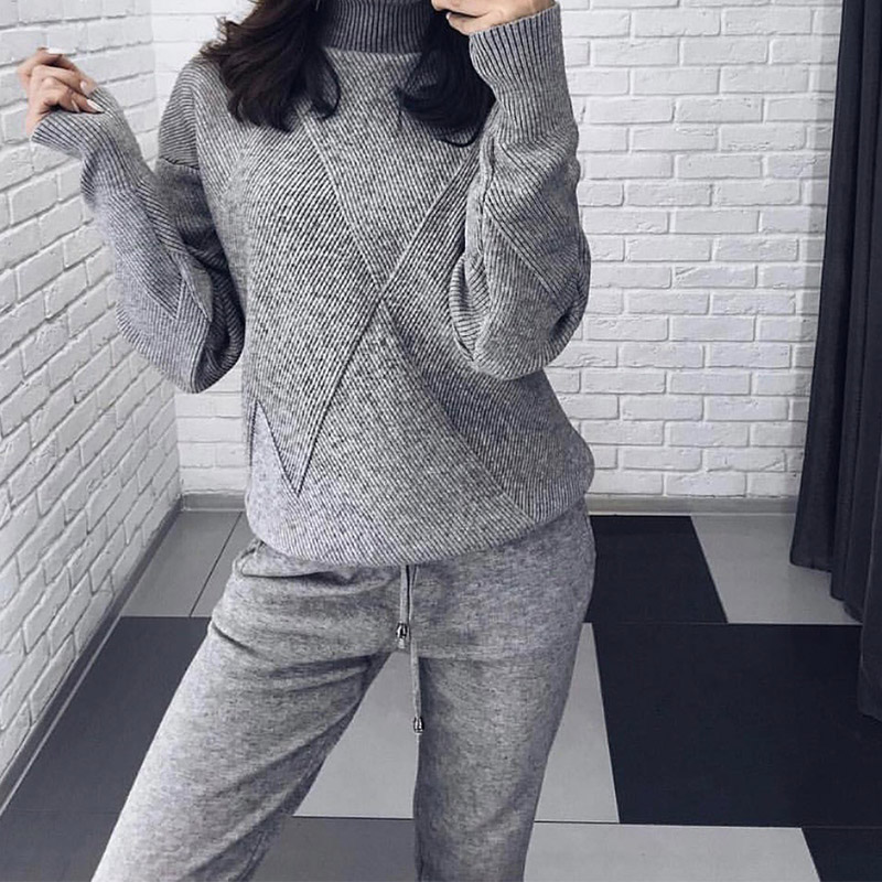 Autumn Knitted Ribbed Tracksuit Women's Set Winter Turtleneck Long Sleeve Female Sweater Suit Casual Pocket Long Pant Lady Suits