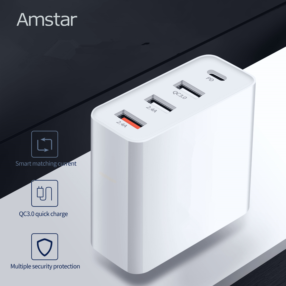 Amstar 48W Multi Quick Charge 3.0 USB C PD Charger for iPhone 12 11 Pro Max X XS Samsung Huawei Tablet QC 3.0 Fast Wall Charger