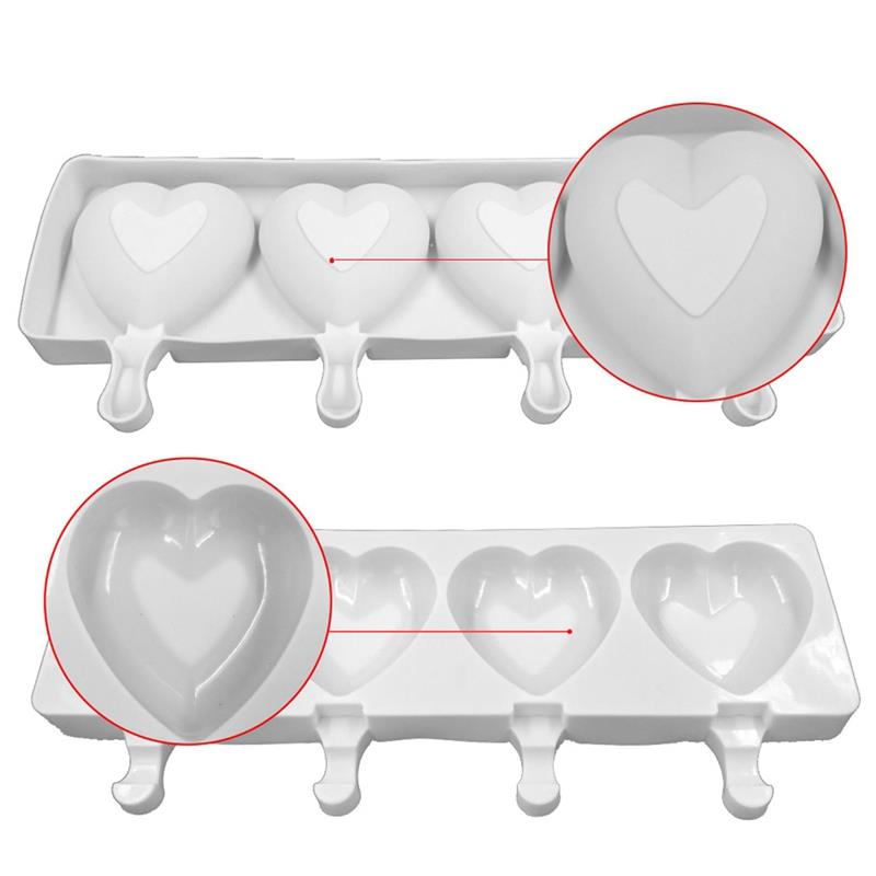 Ice Cream Mold 4 Cavities Heart Shaped Popsicle Mold Ice Pop Mold With Sticks Silicone Cake Mould Dessert Baking Tools