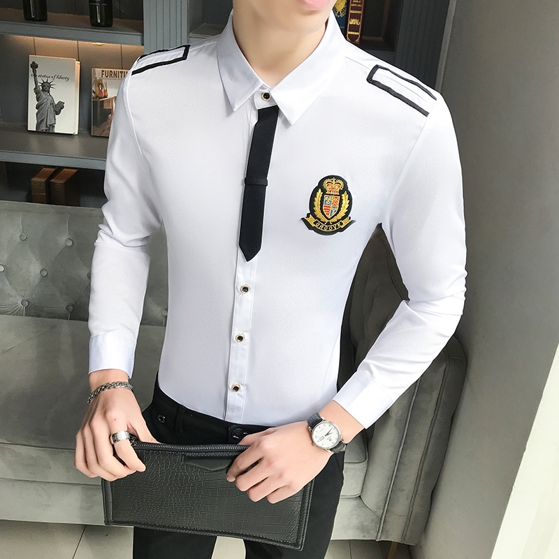 Men's Long-sleeved Shirt Bar Nightclub Hair Stylist Bow Tie Work Shirt Male Shirt Slim Fit Black White Clothing Mens Dress Shirt