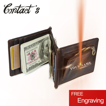 Vintage Crazy Horse Leather Men Money Clips 3 Folded Cash Clip Clamp For Money Zipper Coin Pocket 12 Card Slots Men Wallets RFID