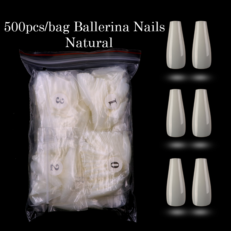 100pcs/500pcs opp Fake Nail Artificial Press on Long Ballerina Clear/Natural/white False Coffin Nails Art Tips Full Cover