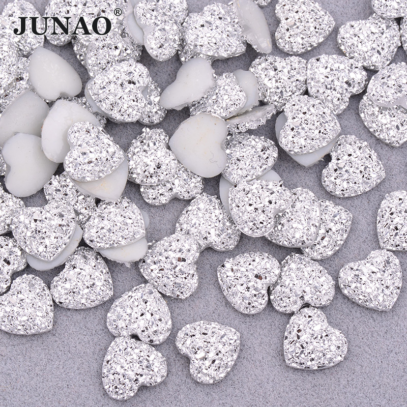JUNAO 12mm 100pcs Glitter Silver Heart Rhinestone Applique Flatback Crystal Stones Resin Gems Non Hotfix Strass for Decoration