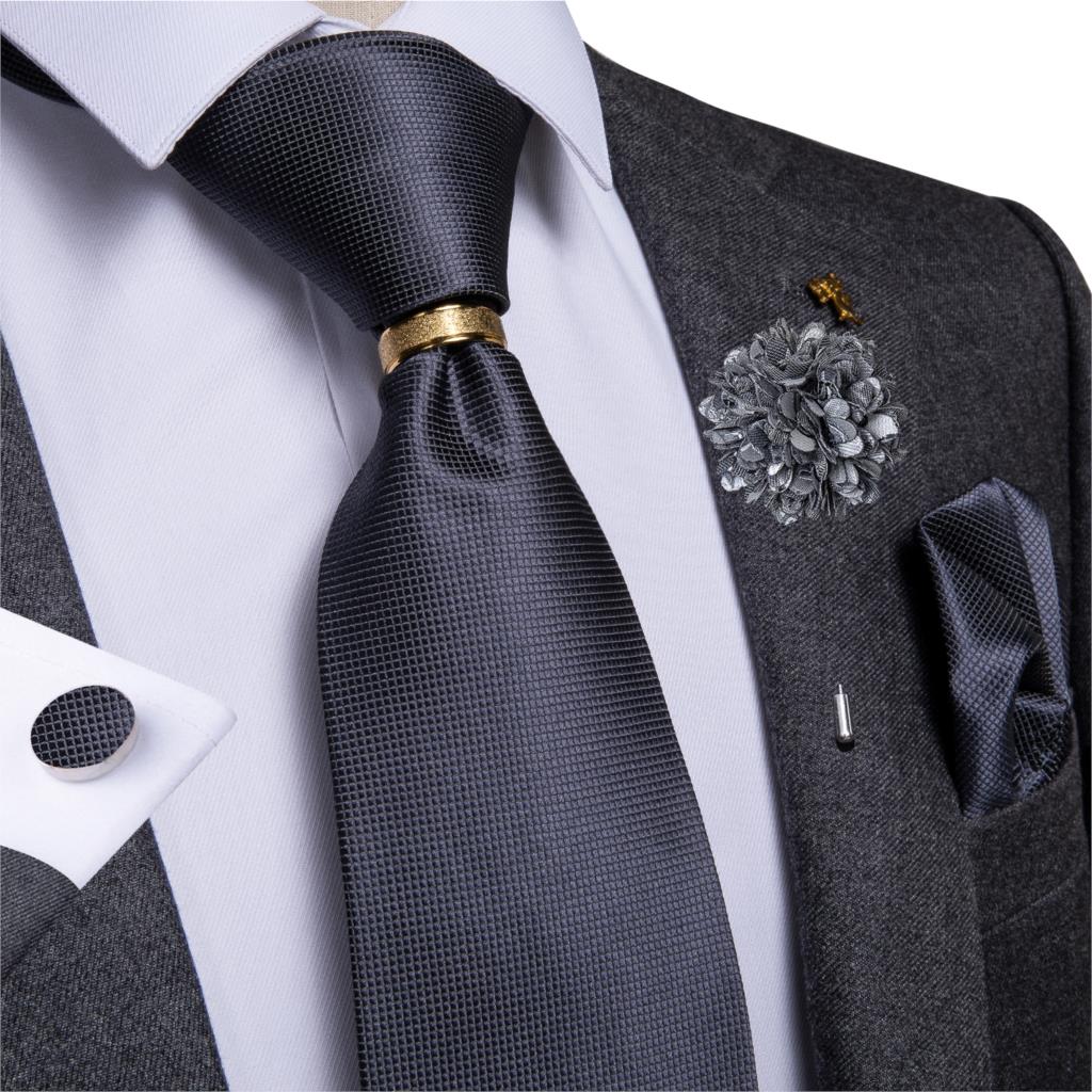Purple Solid Necktie 100% Silk Ties For Men Pocket Square Cufflinks Brooch Set Business Wedding Party Cravat Tie Ring DiBanGu