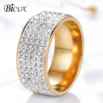 BICUX Fashion Titanium Stainless Steel 5 Row Lines Crystal Gold Zircon Ring for Women Men Female Teen Jewelry Wedding Rings Gift