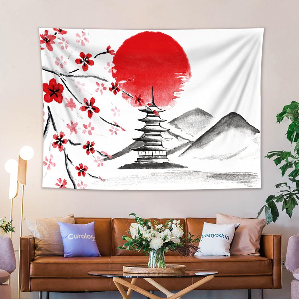 Chinese Landscape Painting Hanging Tapestry Mountain Stone Bridge Ancient Building Wall Hanging Tapestries Blanket Cloth Curtain