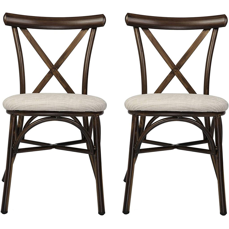 Industrial Dining Chairs Set of 2, Dark Brown Metal Chair Frame with PU Leather Upholstered Seat Off-White Coffee