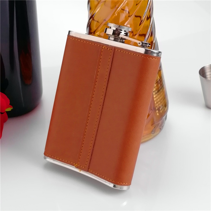 8 oz stainless steel brown leather hip flask