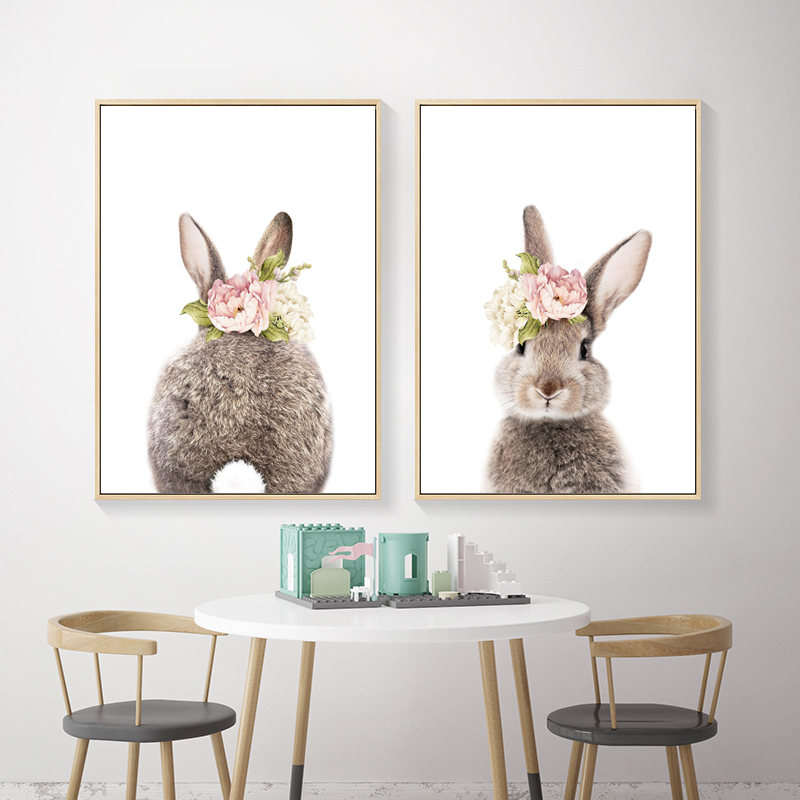 Pink Flower Rabbit Wall Art Canvas Posters and Prints Animal Paintings Wall Picture Girl Child Princess Room Modern Home Decor