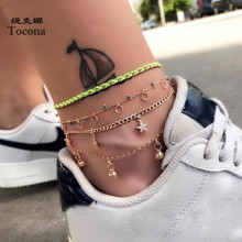 Tocona Charms 4pcs/sets Clear Crystal Stone Anklets Bohemian Rope Geometric Foot Chain Women Summer Jewelry Wholesale 8612