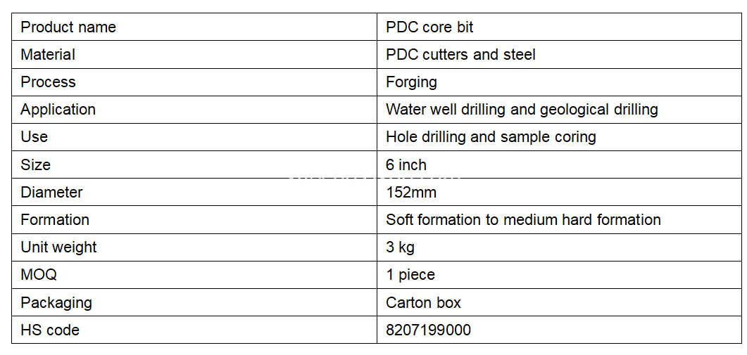 6 inch pdc core bit parameter