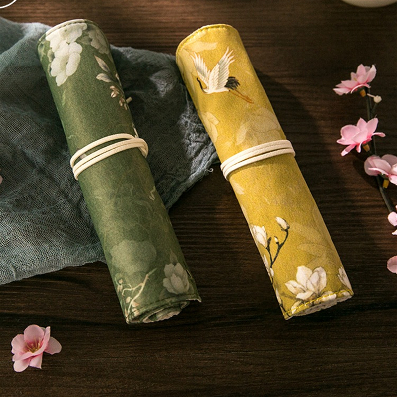 Vintage Flower Pen Pencil Bag Wrap Original Chinese Style Apricot Lotus Crane Storage Roll Pouch for Stationery School A6008