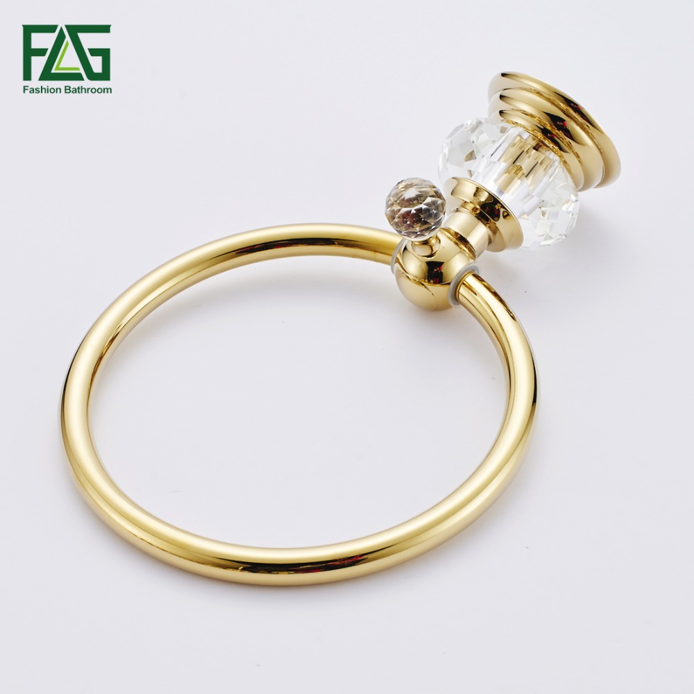 FLG Free Shipping Wholesale and Retail Unique Design Crystal & Golden Towel Ring Wall Mounted Brass Bathroom Towel Rack G154-06G