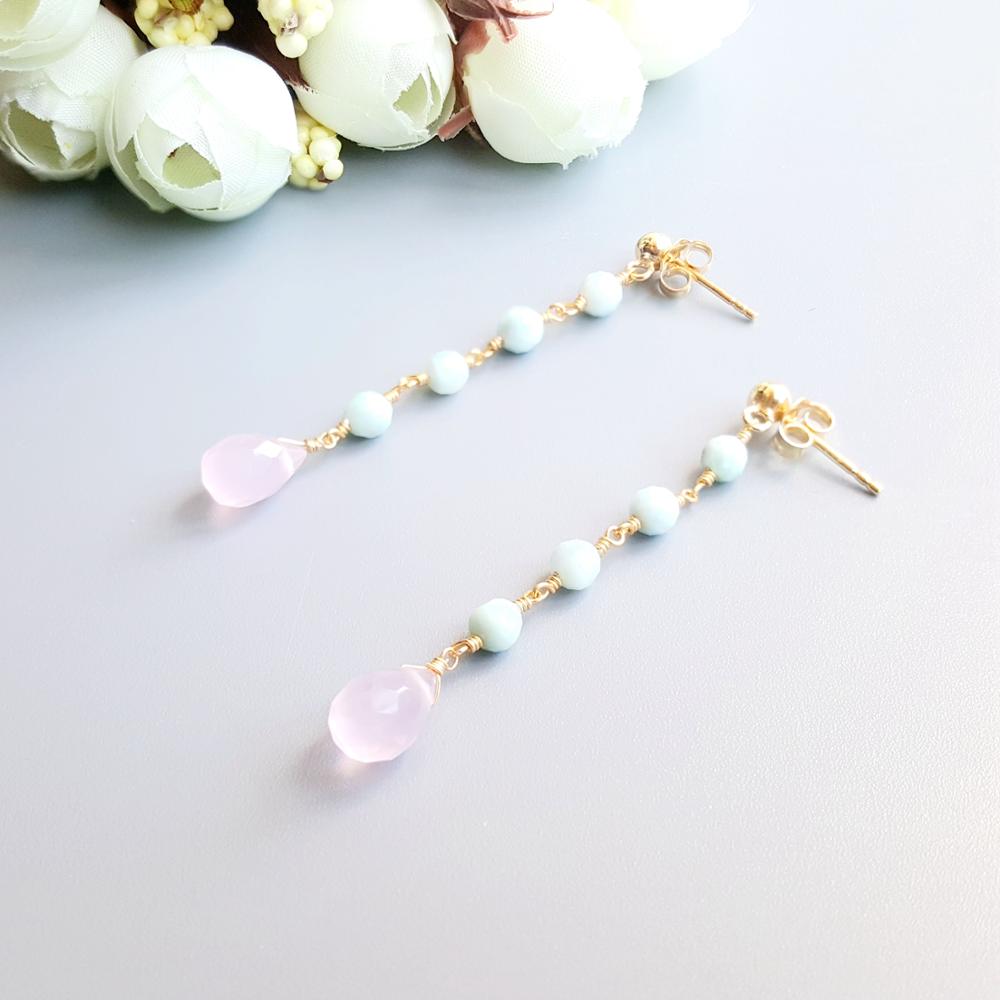 Lii Ji Natural Larimar Pink Crystal Vintage Style Stud Earrings 925 Sterling Silver Handmade Delicate Jewelry