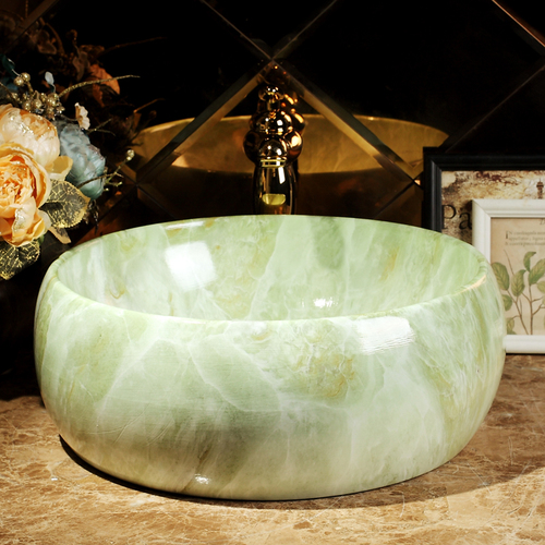 Ceramic Above Counter Basin Round Art Basin Marble Pattern Basin Bathroom Hand Wash Basin Household Single Shampoo Sinks