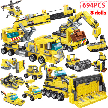 694PCS City Engineering Bulldozer Crane High-tech Dump Truck Building Blocks 8 IN 1 City Construction Car Figures Toy For Kids