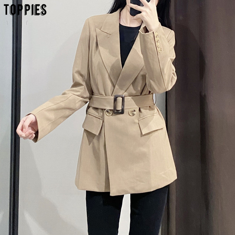 Toppeis women's belt jacket blazer ladies long blazer solid color suit autumn coat 2020 women outwear