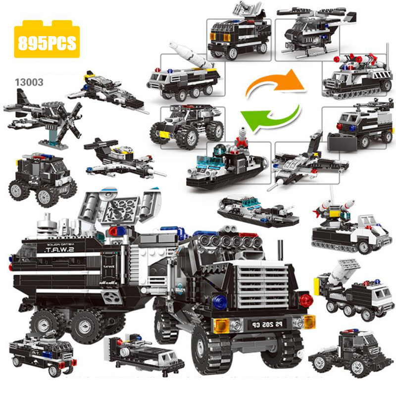 Idea city 8in1 Special police pioneer Off road command vehicle block swat figures fighter speedboat helicopter Armored car toys