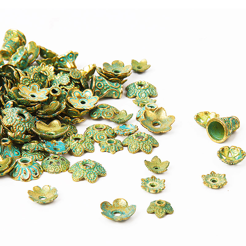150pcs Retro Metal Beads End Caps Tibetan Antique Brozen Color Green Bead Caps For Jewelry Making Diy Findings Fit 4-15mm