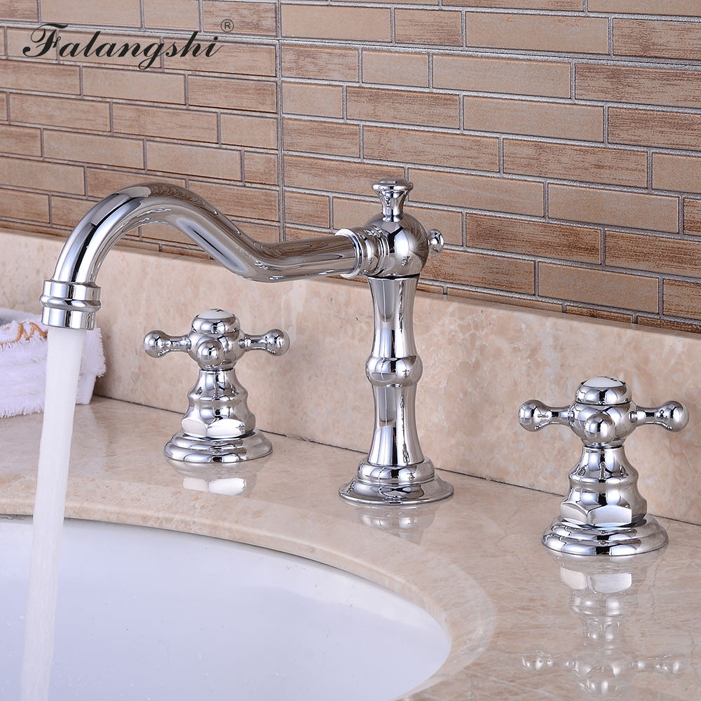 3 Pcs Basin Faucets Brush Finish Dual Handle Widespread Bathroom Sink Faucet Deck Mounted Basin 3 Hole Sink Mixer Taps WB1502