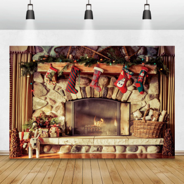 Laeacco Photography Backdrop Christmas Fireplace Brick Curtain Wall Bauble Trees Photo Booth Background Photocall PhotoStudio